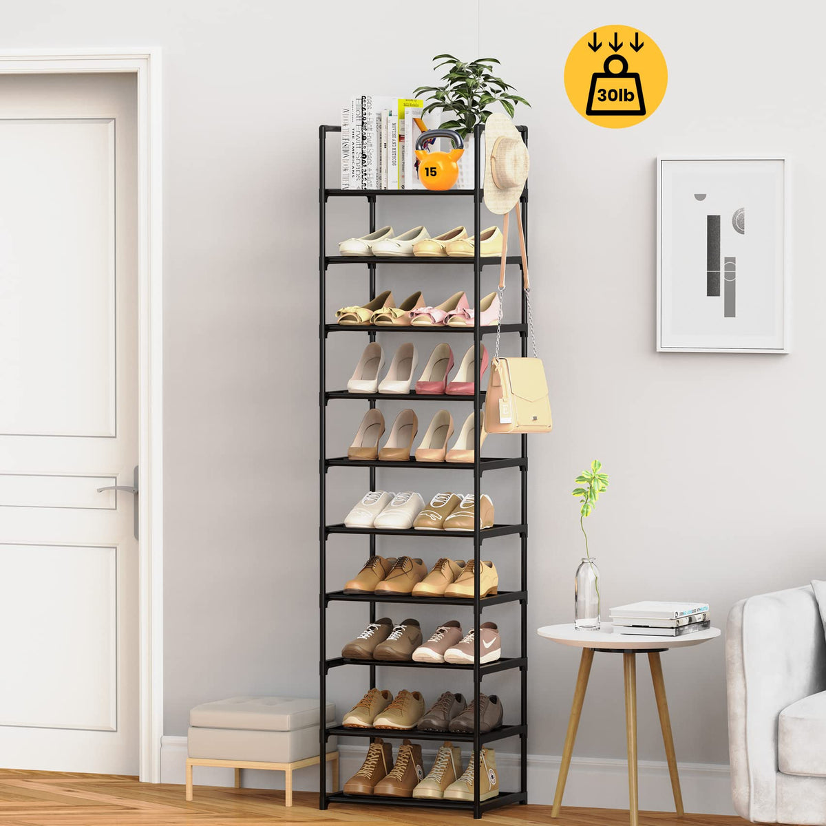 Black 10 Tiers Narrow Shoe Rack X386
