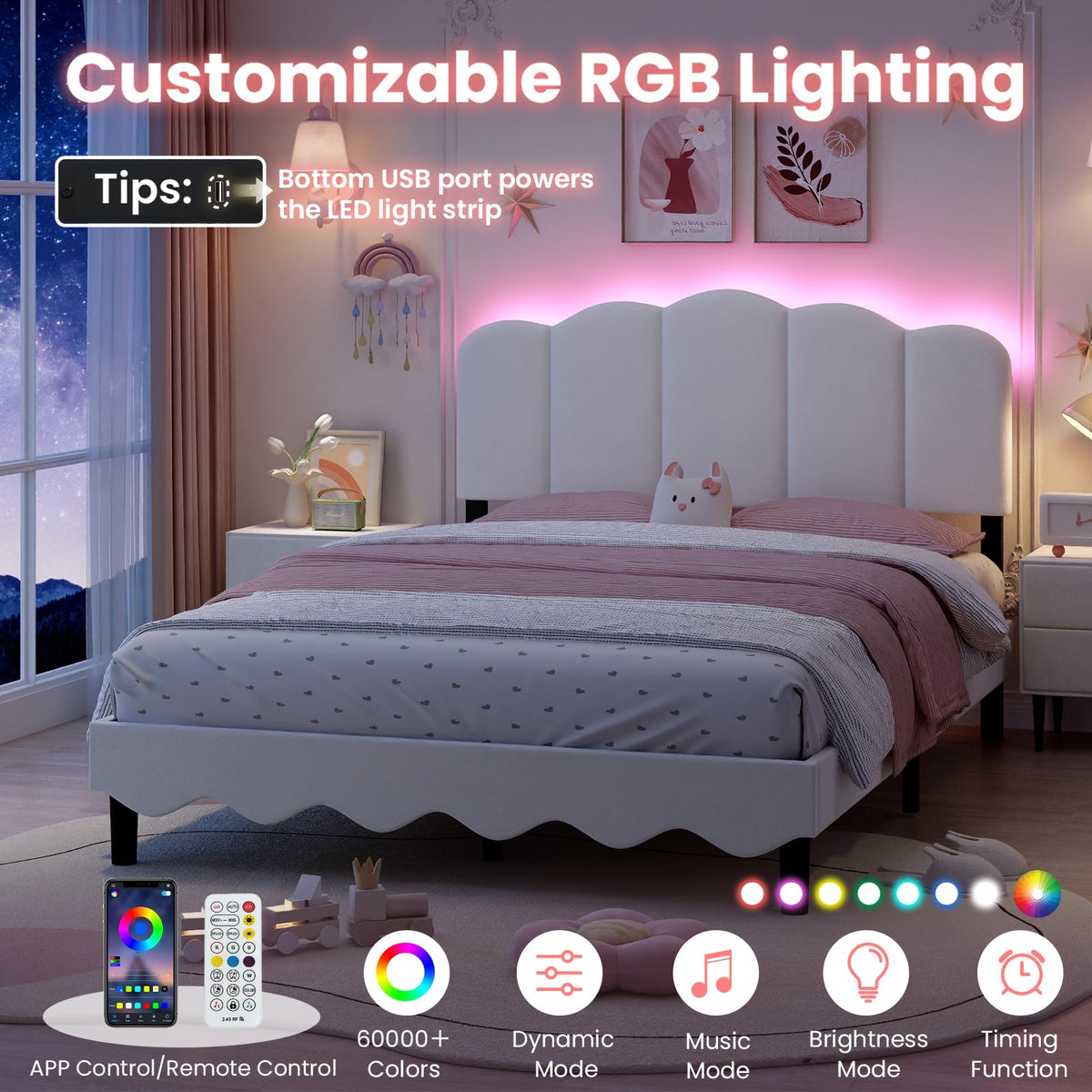 Beige Full Size Bed Frame with Storage Headboard U786