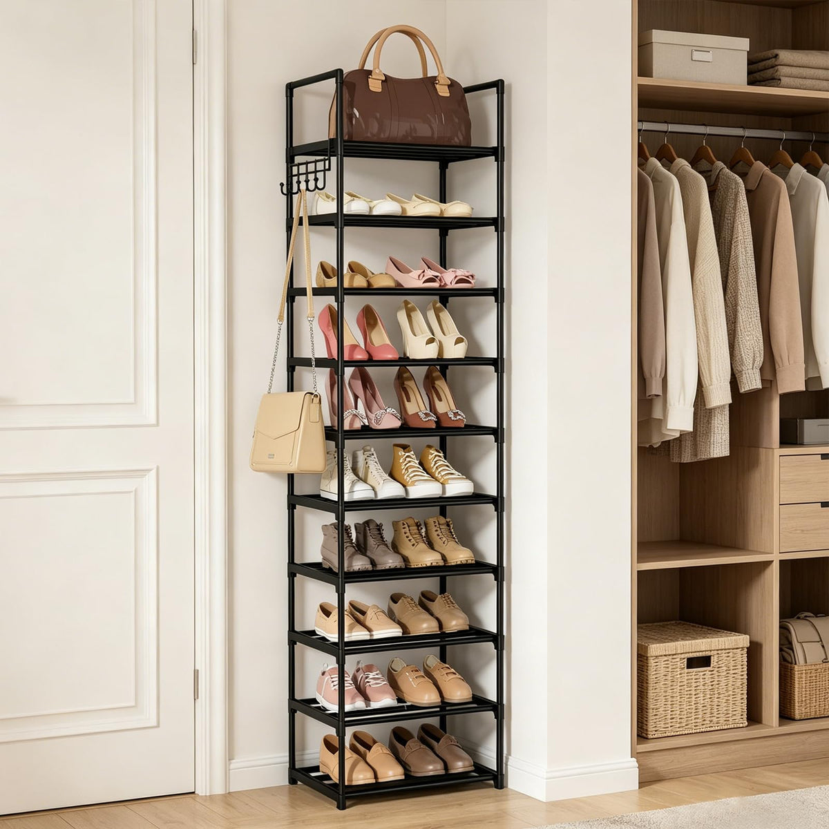 Black 10 Tiers Narrow Shoe Rack X386
