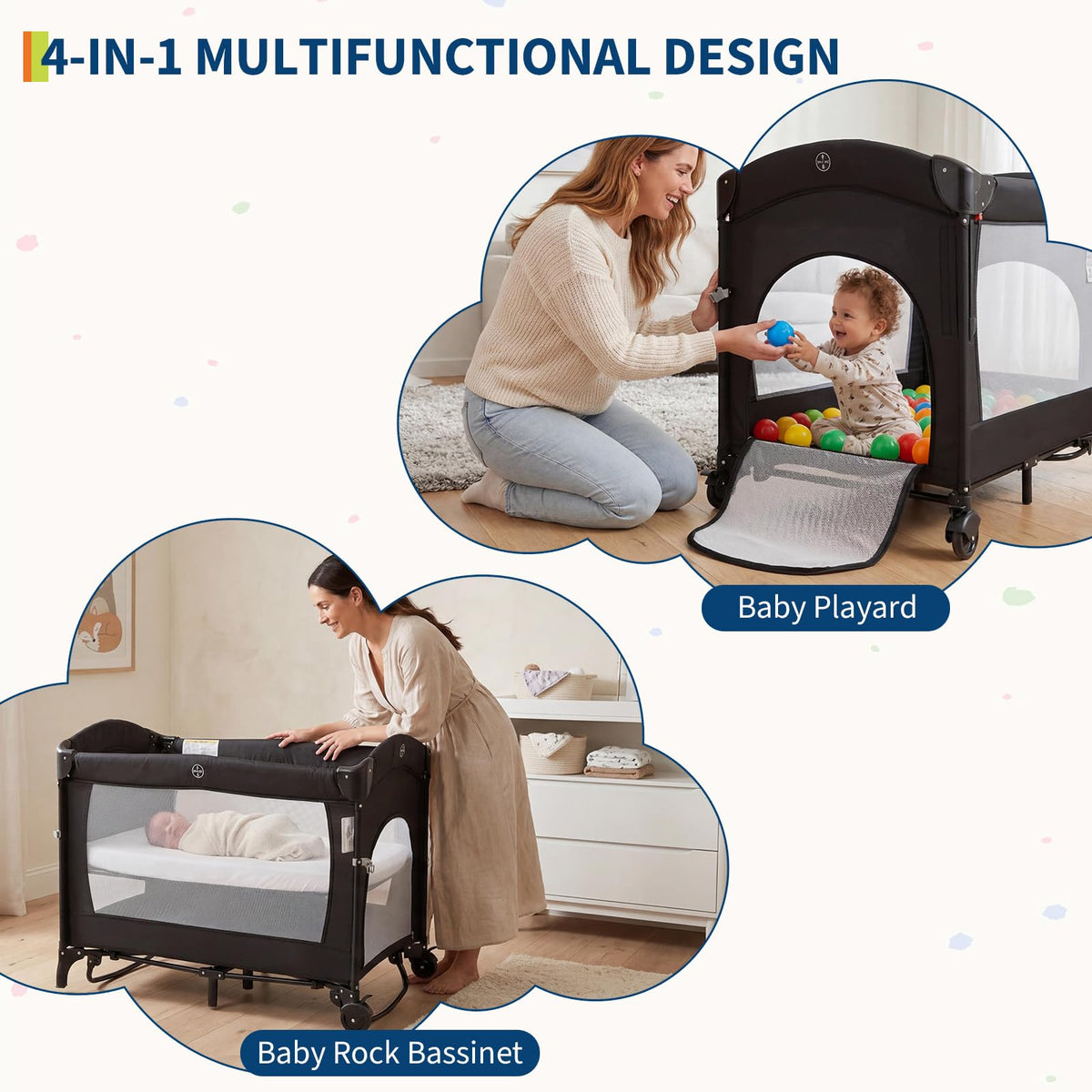 4 in 1 Pack and Play with Bassinet, Changing Table, Playpen and Carry Bag L7558
