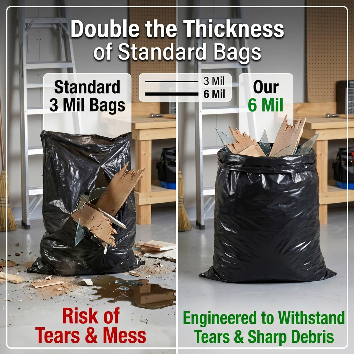 6 Mil Heavy Duty Contractor Trash Bags, 50/55/60 Gallon, Black, 20 Pack E744