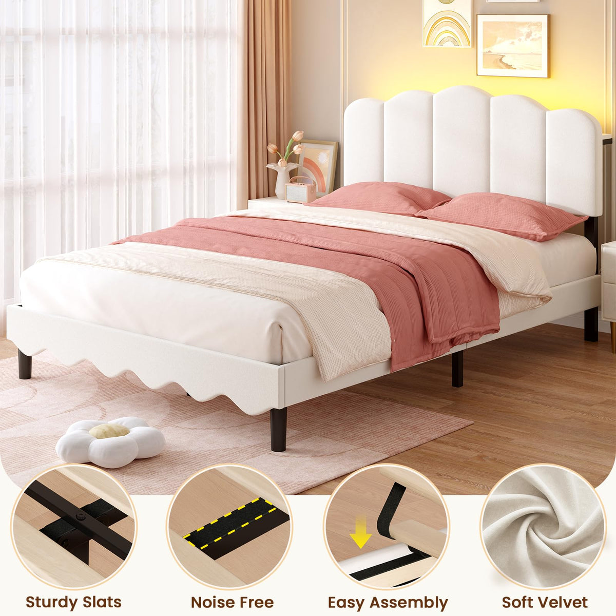 Beige Full Size Bed Frame with Storage Headboard U786