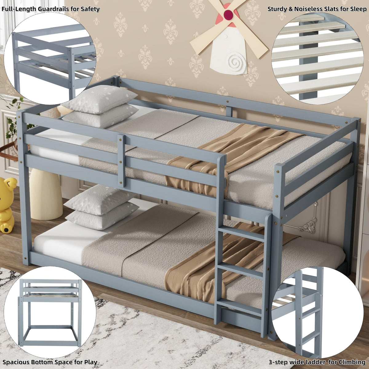 Twin Over Twin Solid Wood Bunk Bed with Ladder and Guardrails M34776
