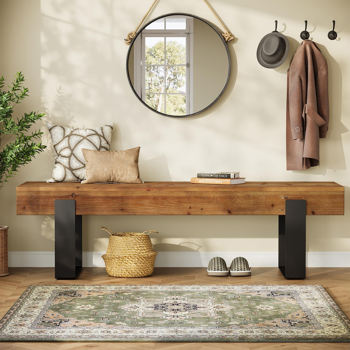 Solid Wooden Entryway Bench with Metal Legs H65300