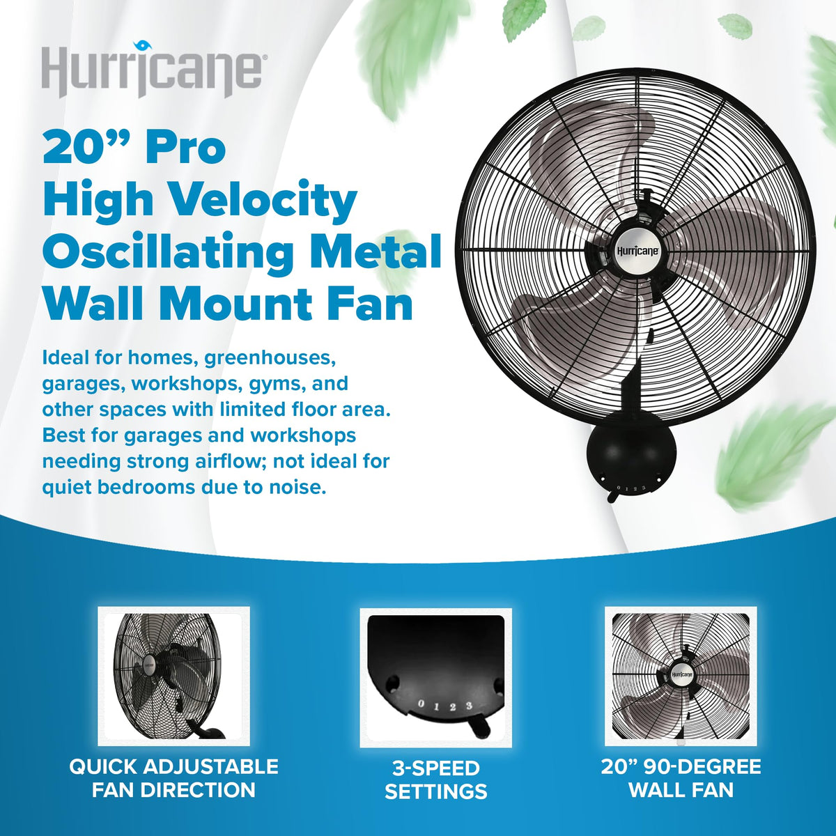 Black 20in 3 Speed Oscillating Wall Fan K911