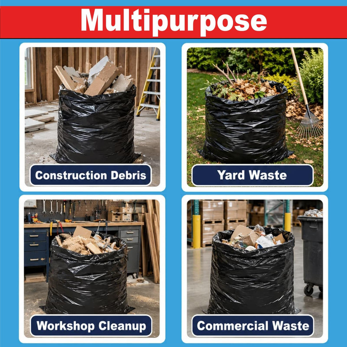 6 Mil Heavy Duty Contractor Trash Bags, 50/55/60 Gallon, Black, 20 Pack E744