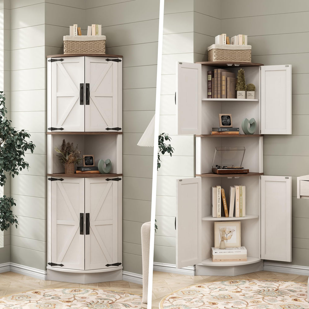 White Tall Corner Storage Cabinet with 4 Doors and 5 Shelves G63643