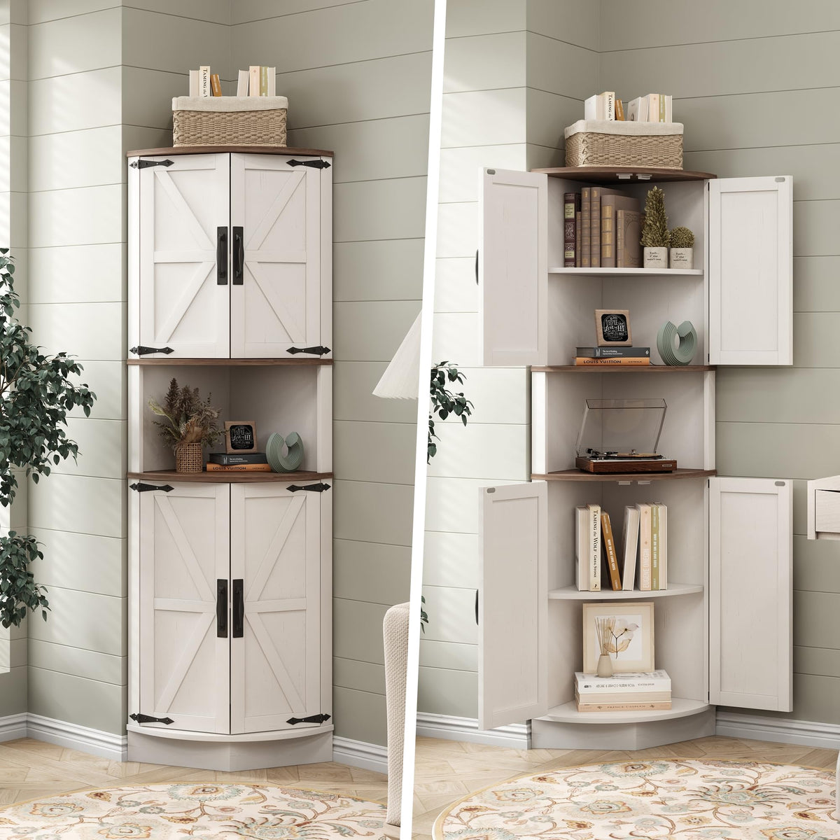 White Tall Corner Storage Cabinet with 4 Doors and 5 Shelves G63643