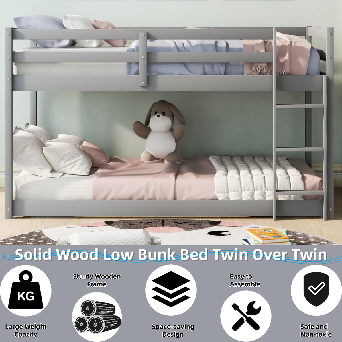 Twin Over Twin Solid Wood Bunk Bed with Ladder and Guardrails M34776