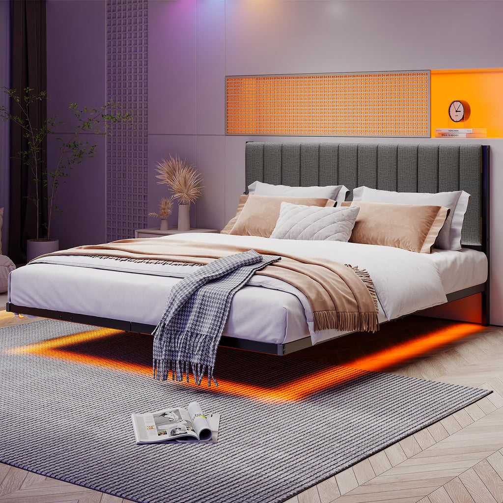 Full Size Metal Platform Bed Frame with LED Lights and Charging Port V669644