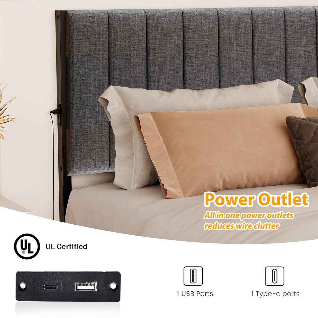 Full Size Metal Platform Bed Frame with LED Lights and Charging Port V669644
