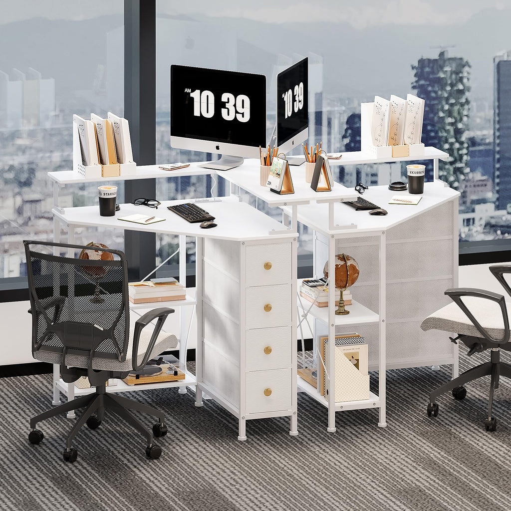 White Corner Desk with Drawers Shelves and Power Outlets R532167