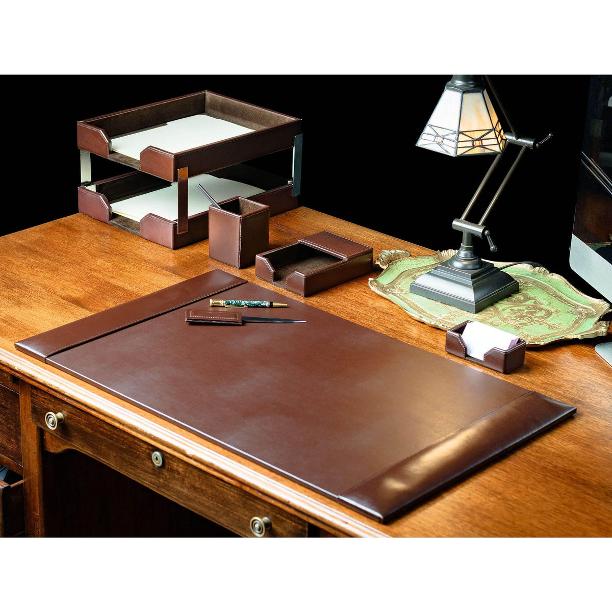 Dark Brown Bonded Leather 8-Piece Desk Accessory Set U15615