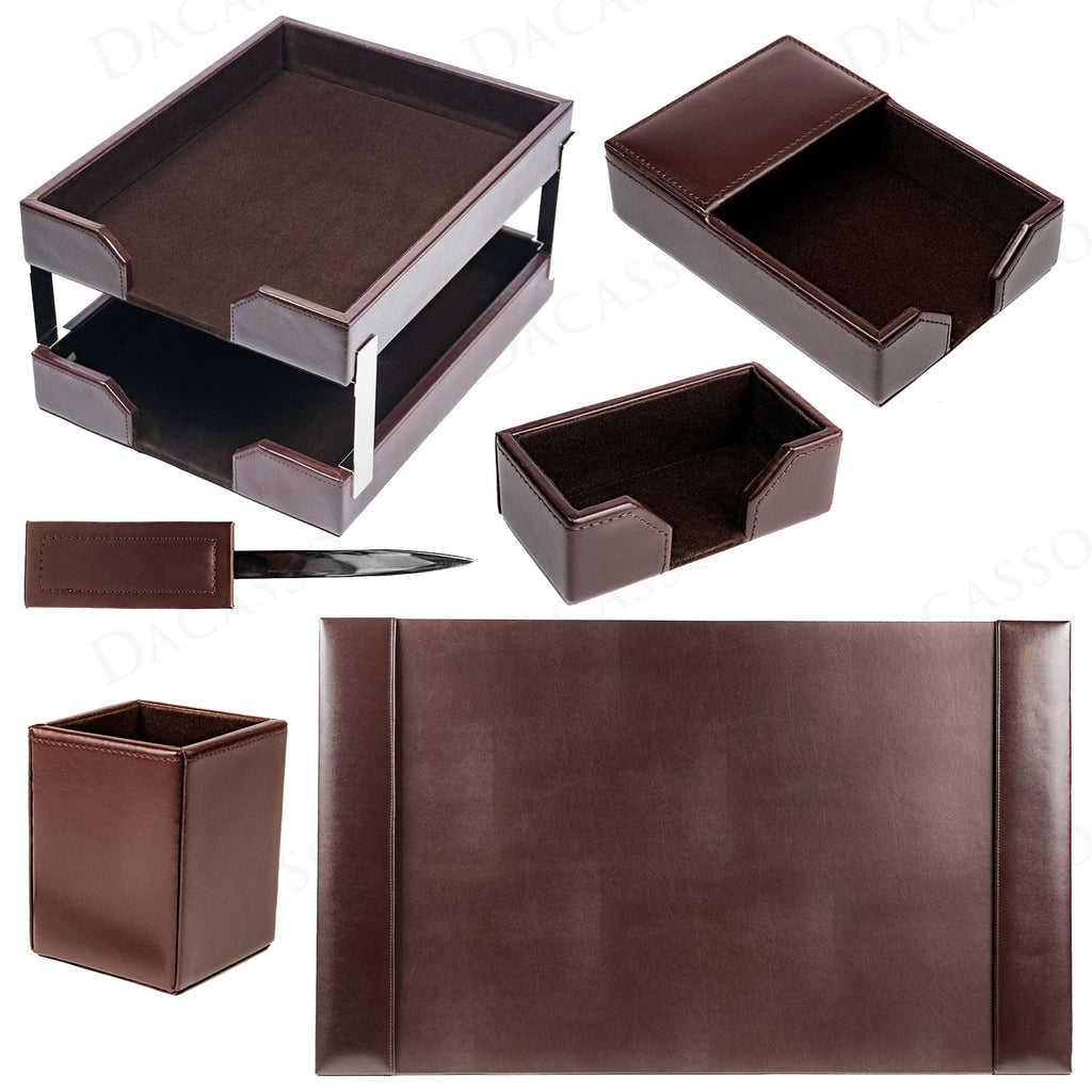 Dark Brown Bonded Leather 8-Piece Desk Accessory Set U15615