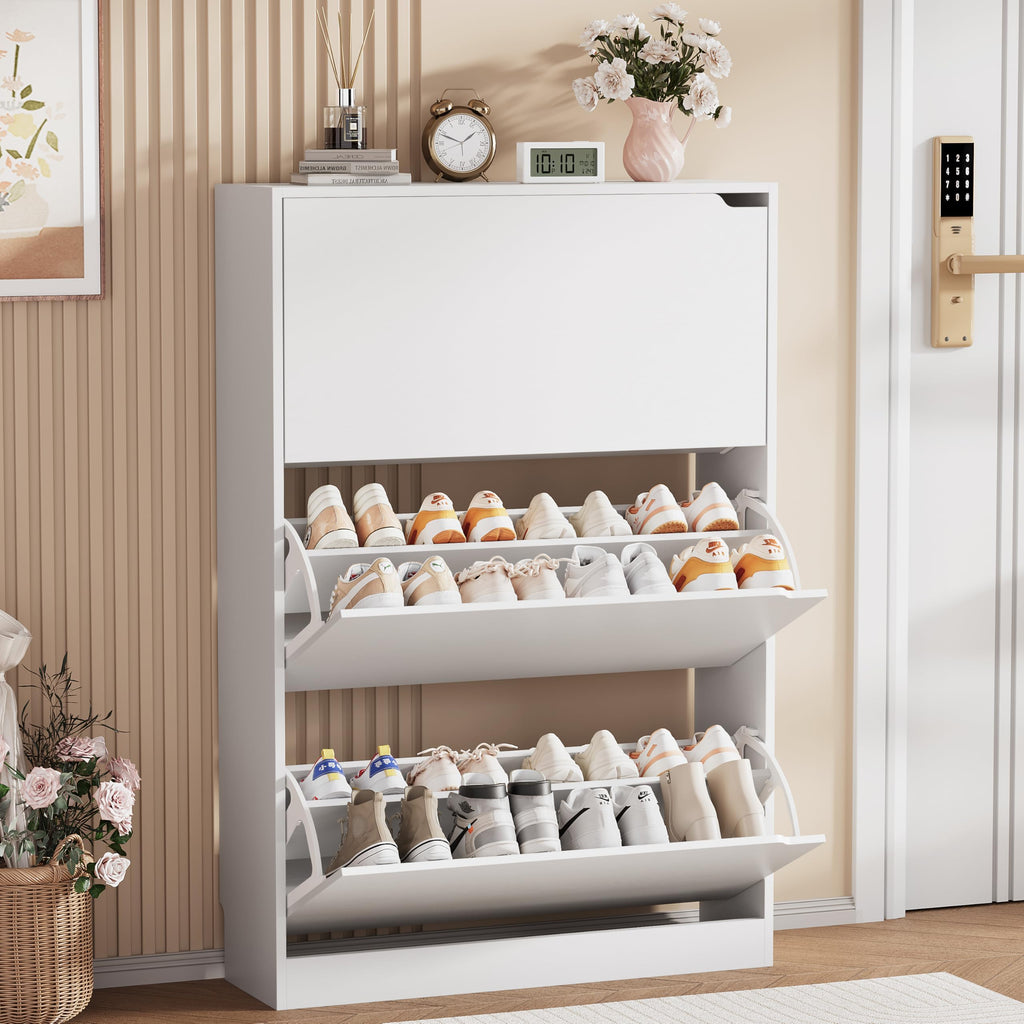 White 3 Flip Drawer Wood Shoe Storage Cabinet Q3007