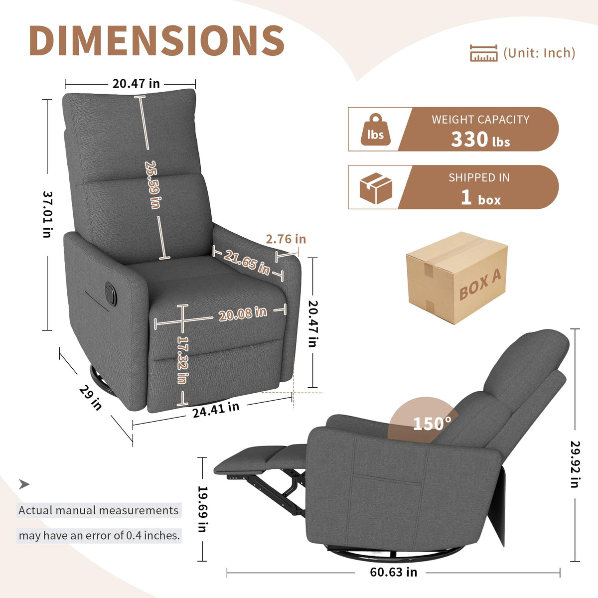 Dark Gray Swivel Rocker Recliner Chair E57336