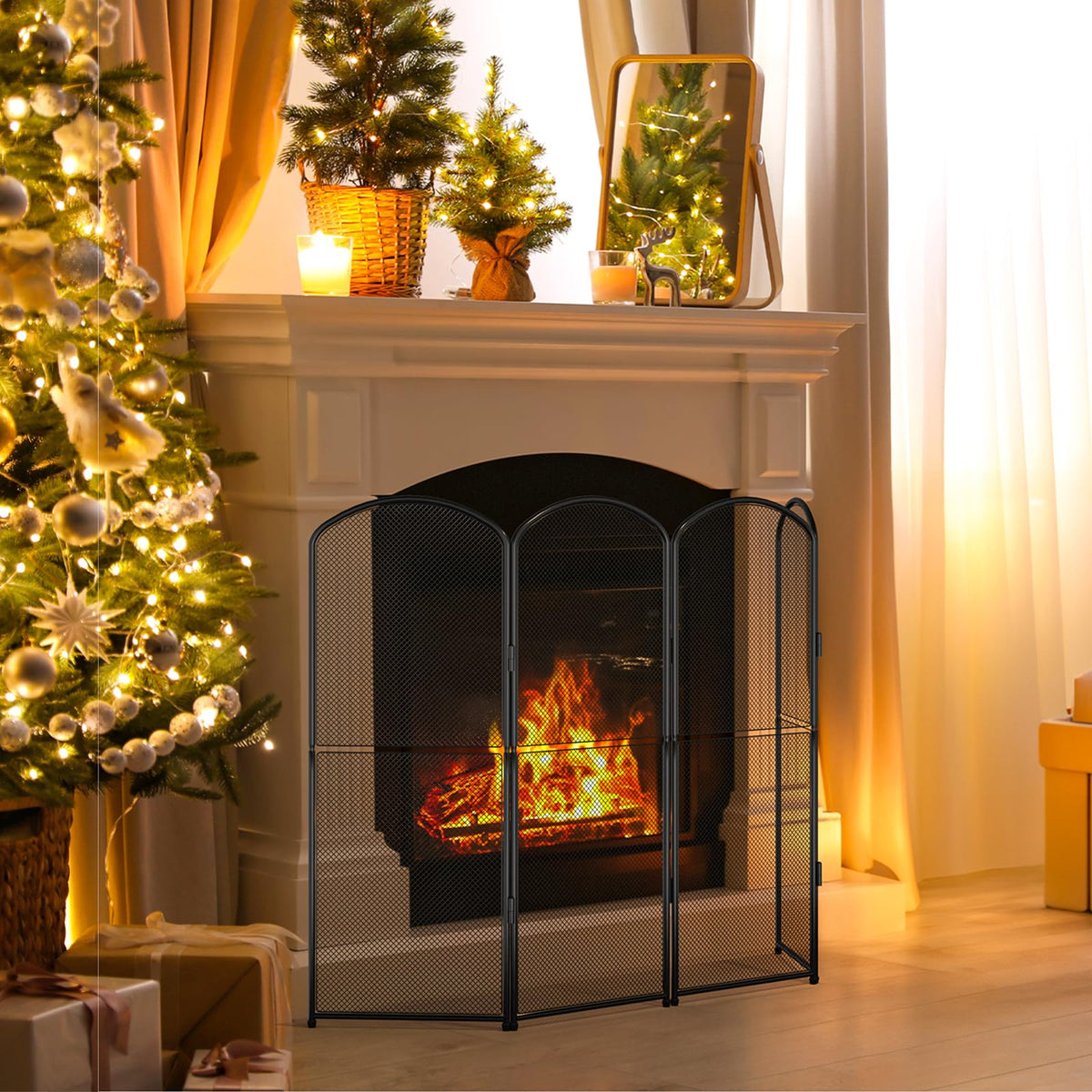 Black Metal Foldable 4-Panel Fireplace Screen B240