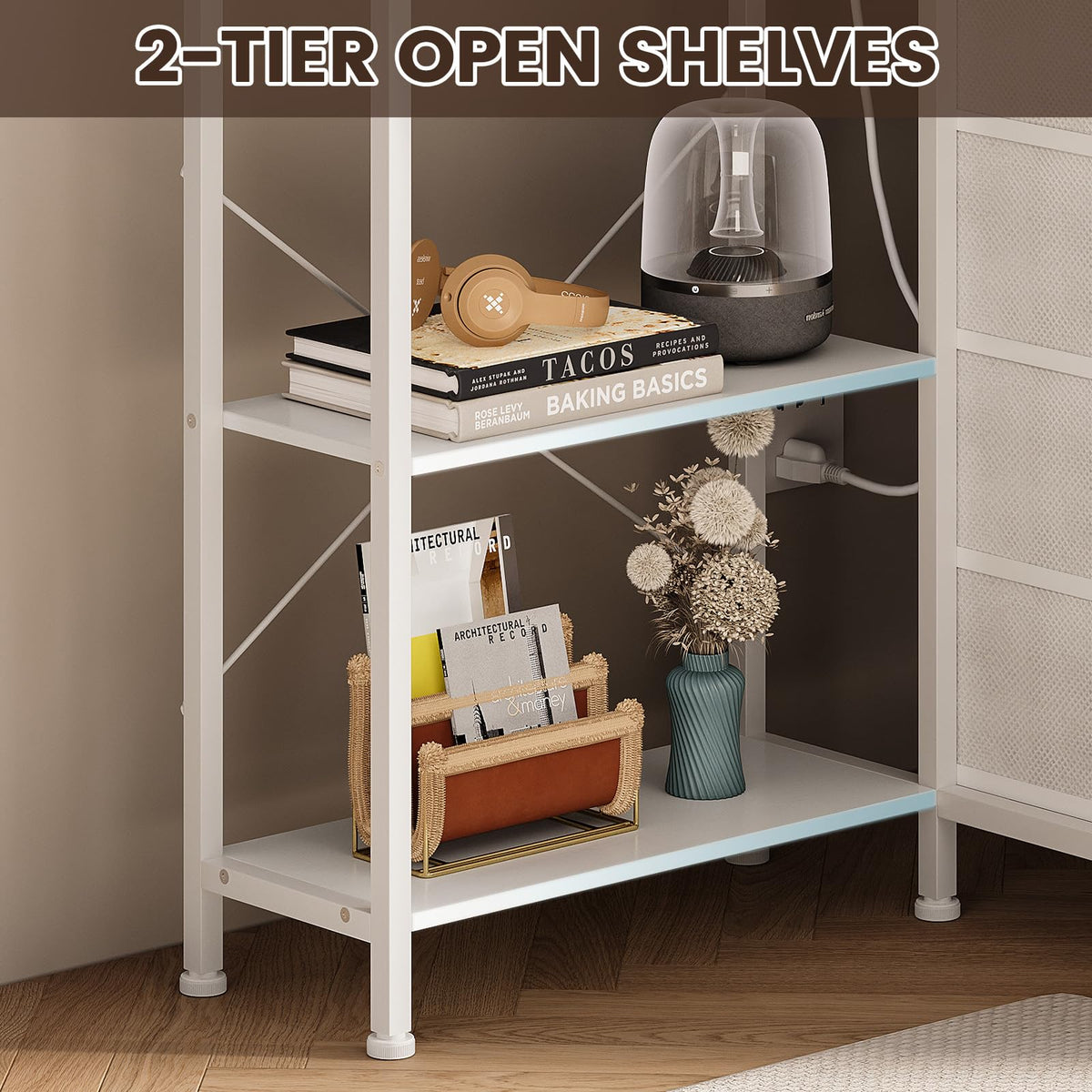 White Corner Desk with Drawers Shelves and Power Outlets R532167
