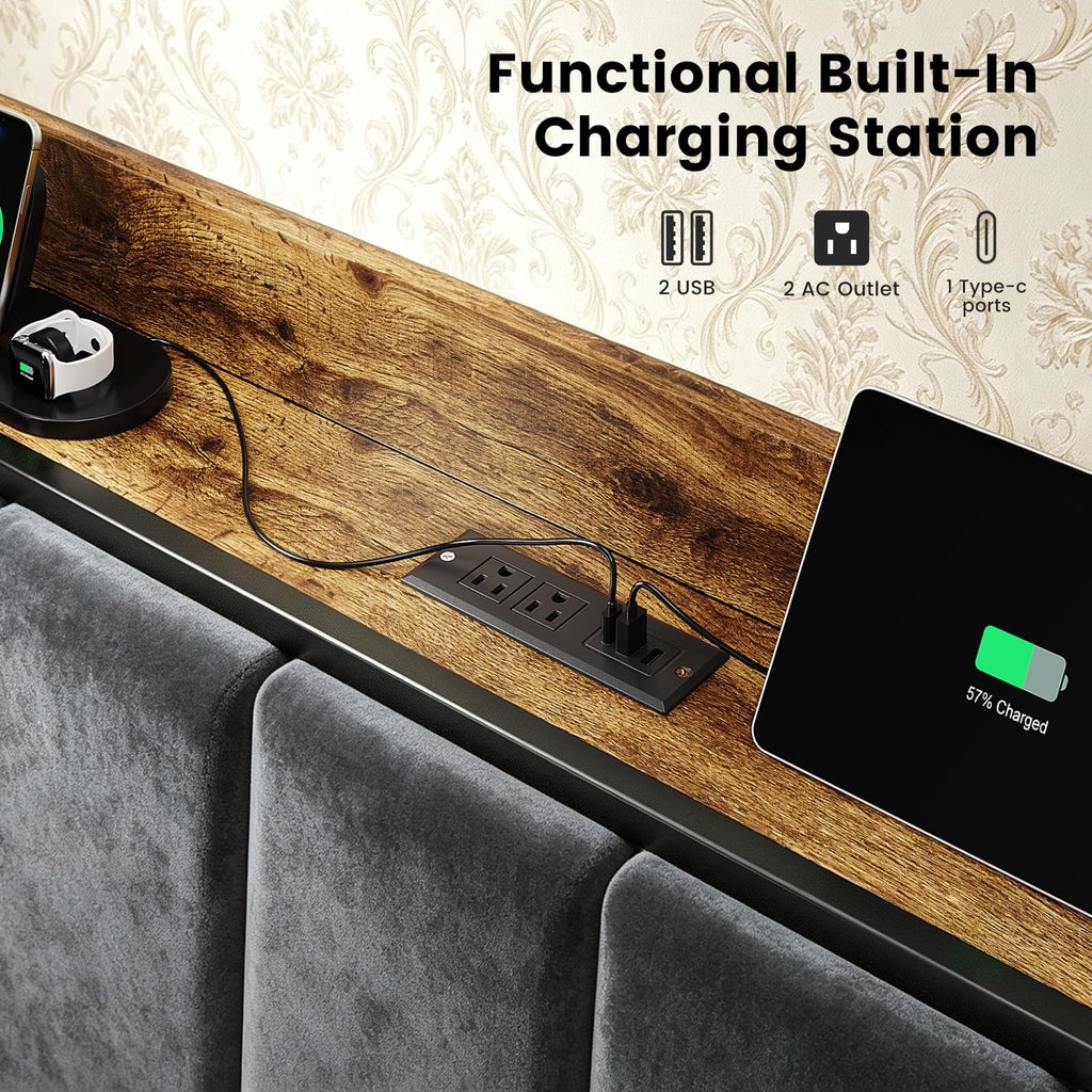 Full Size Bed Frame with LED Lights and Charging Station M68307