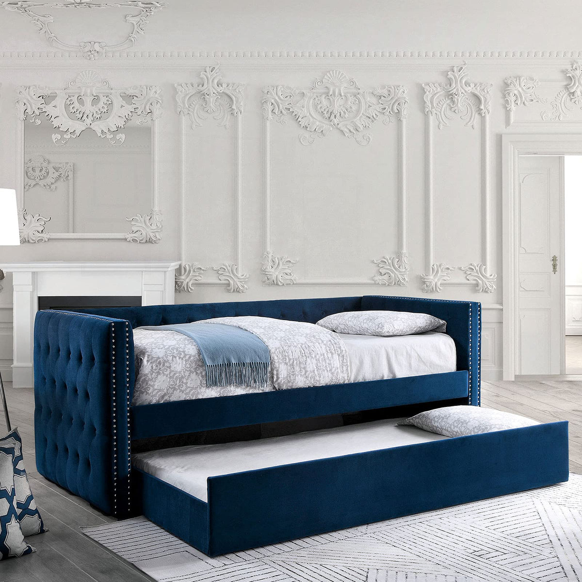 Navy Daybed with Trundle Button Tufted Upholstery O3102
