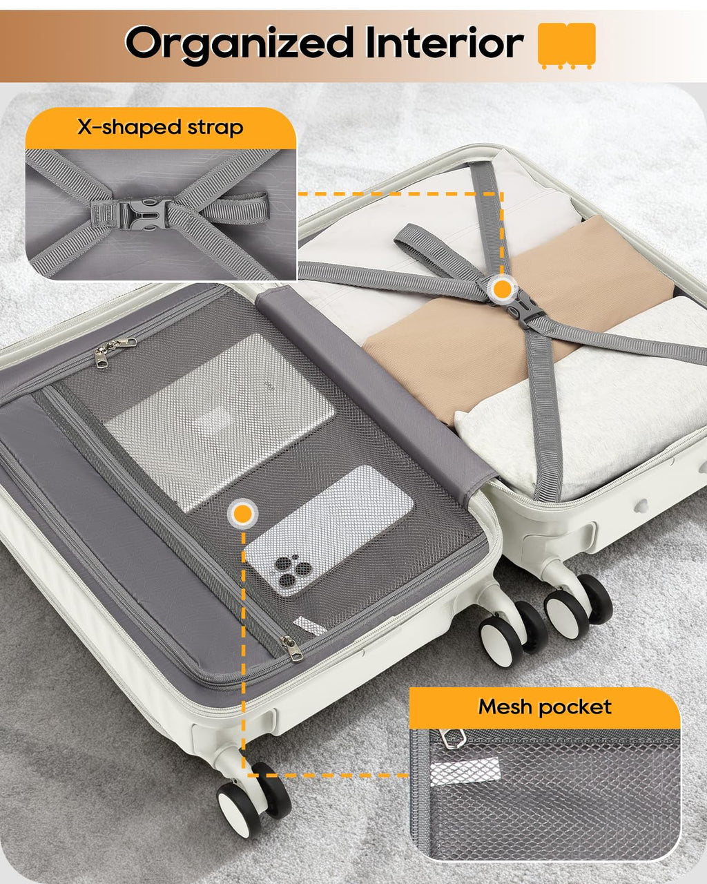 20 Inch Carry On Luggage with Front Pocket and Cup Holder, White E581851