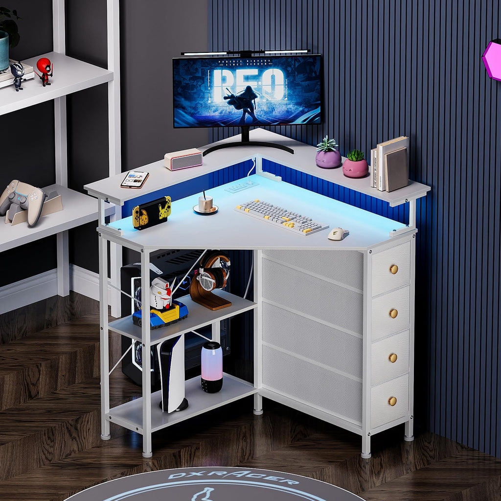 White Corner Desk with Drawers Shelves and Power Outlets R532167