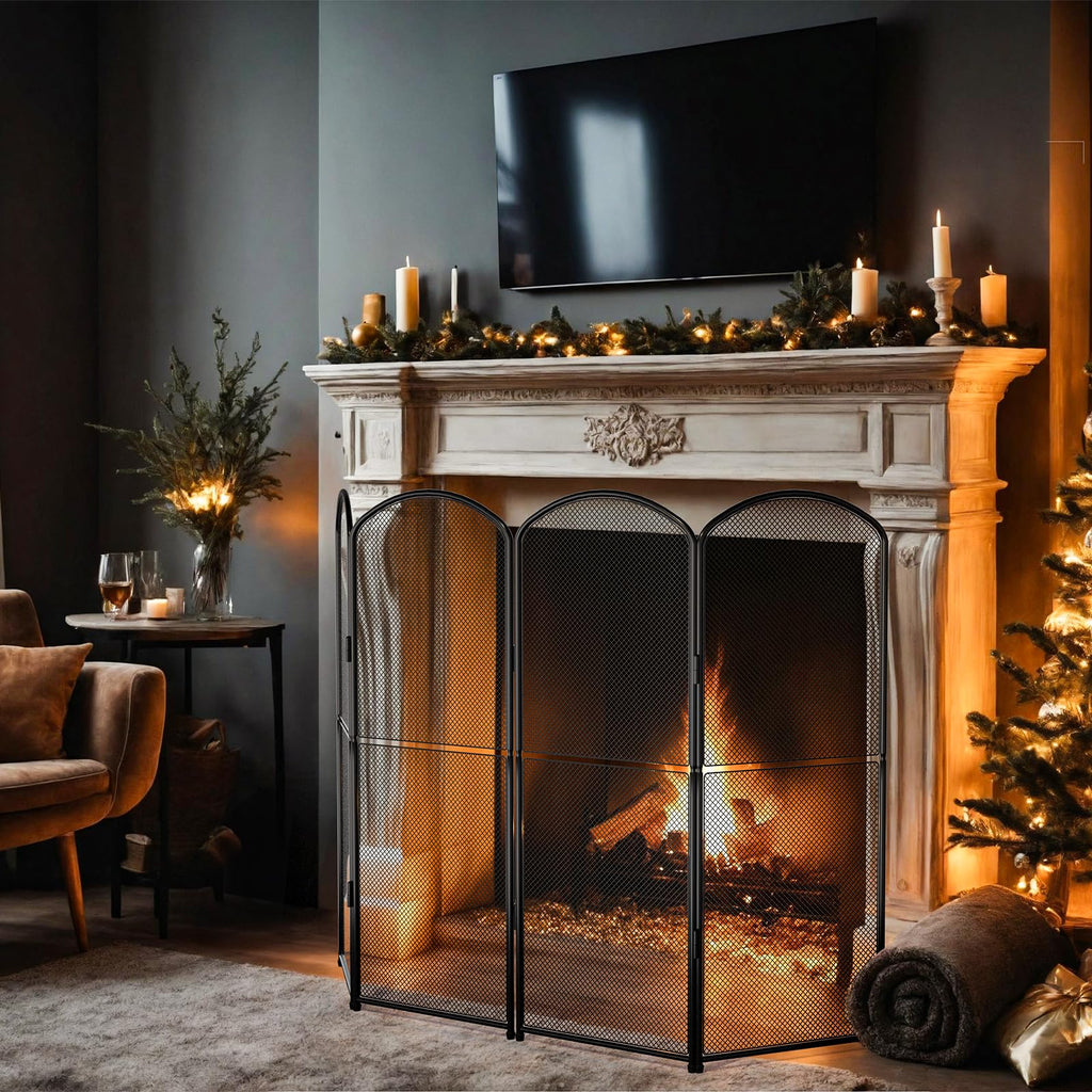 Black Metal Foldable 4-Panel Fireplace Screen B240