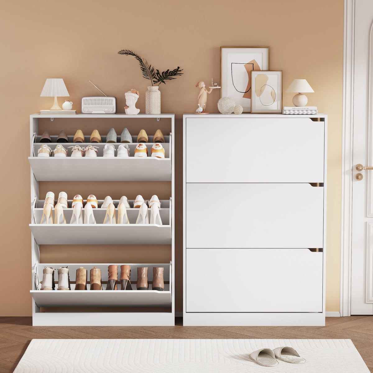 White 3 Flip Drawer Wood Shoe Storage Cabinet Q3007