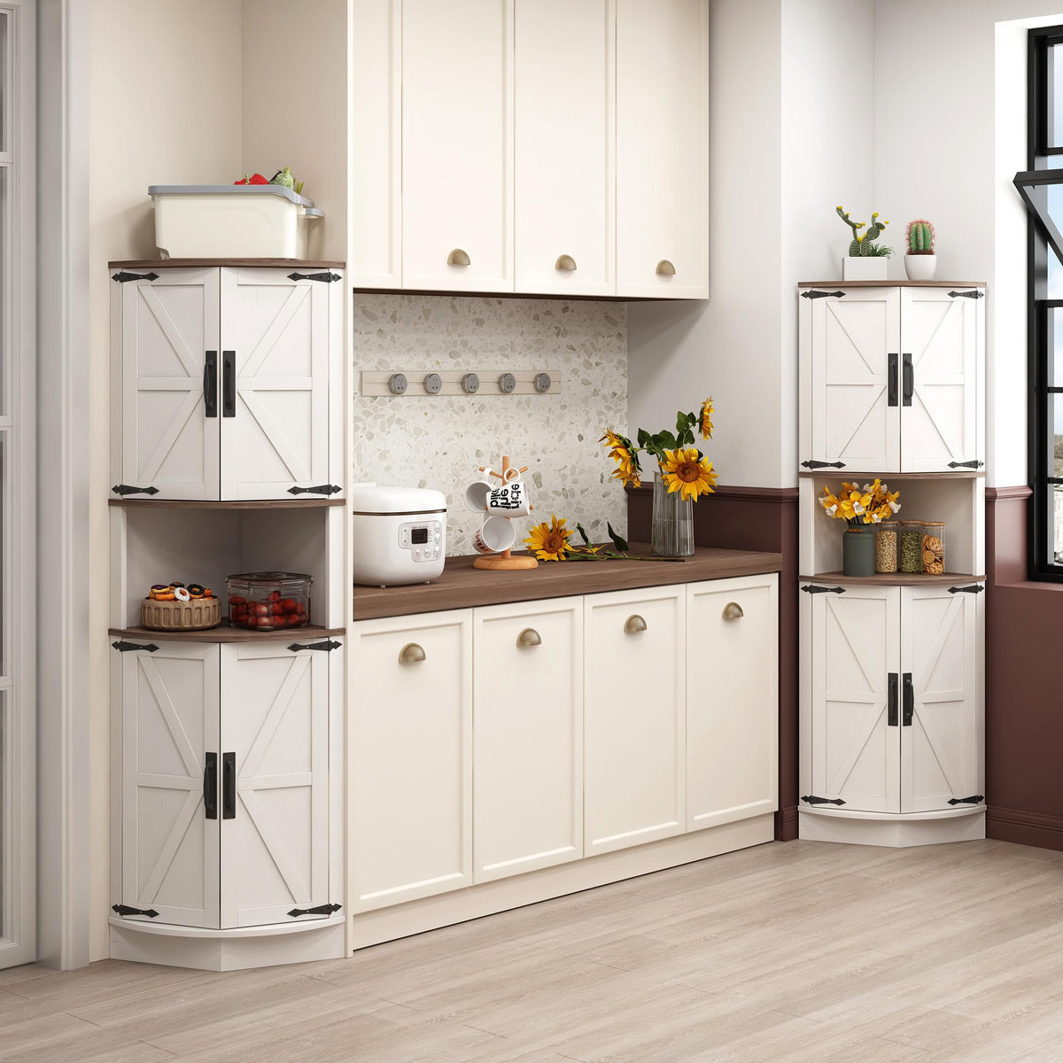 White Tall Corner Storage Cabinet with 4 Doors and 5 Shelves G63643
