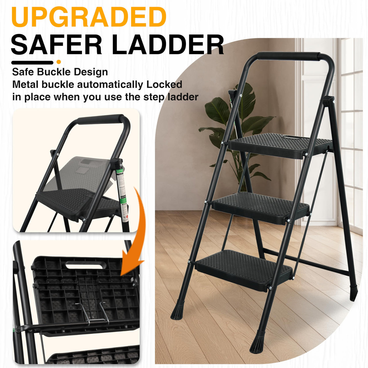 Portable Steel Folding Step Stool, 3-Step, Black E255