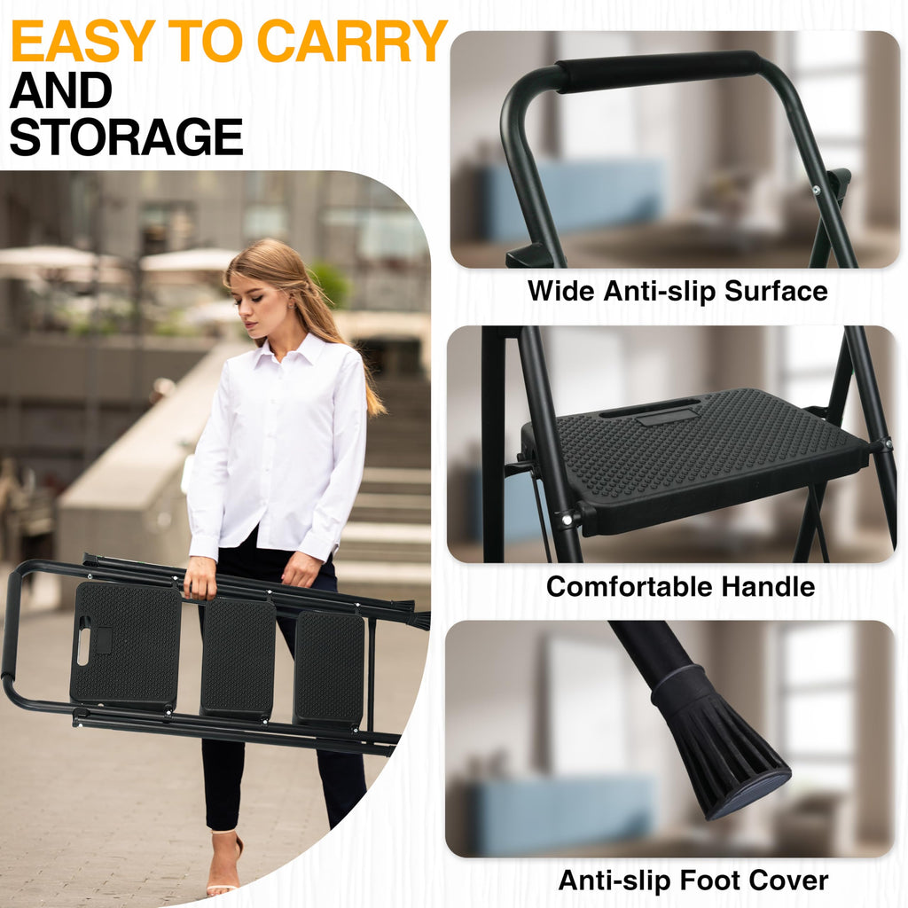 Portable Steel Folding Step Stool, 3-Step, Black E255