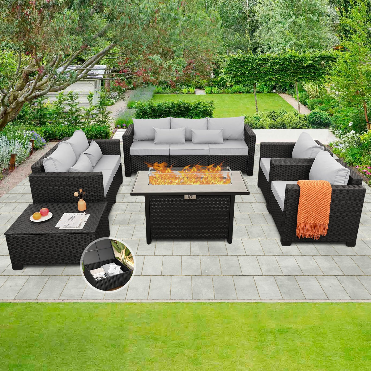 6 Pcs Outdoor Furniture Set with Fire Pit Table and Cushions P860
