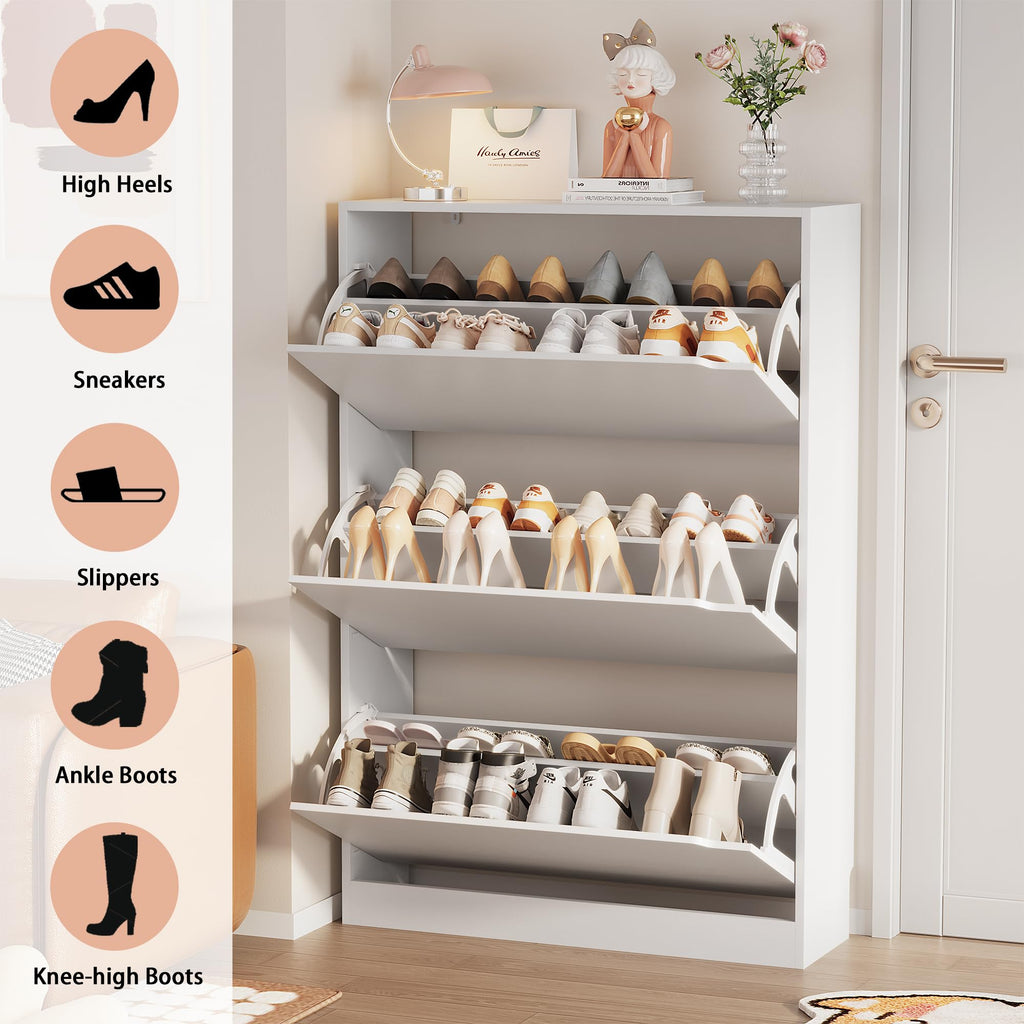 White 3 Flip Drawer Wood Shoe Storage Cabinet Q3007