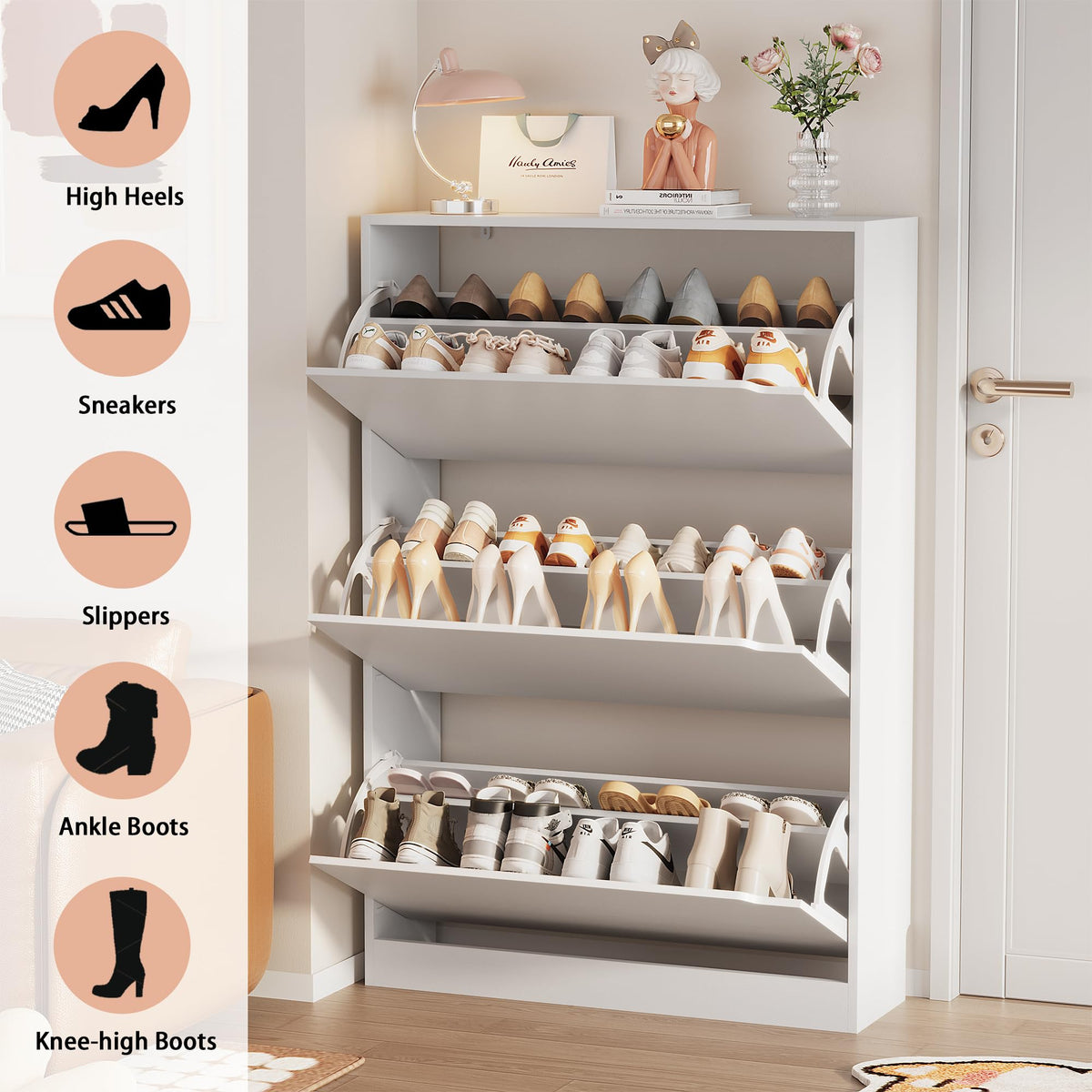 White 3 Flip Drawer Wood Shoe Storage Cabinet Q3007