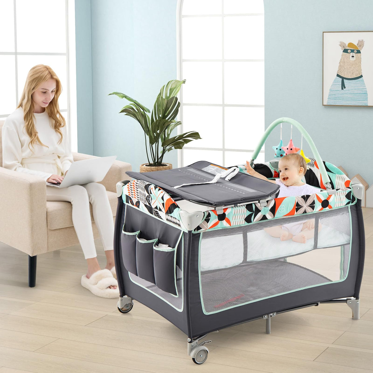 4 in 1 Portable Baby Crib Playpen with Bassinet C2126