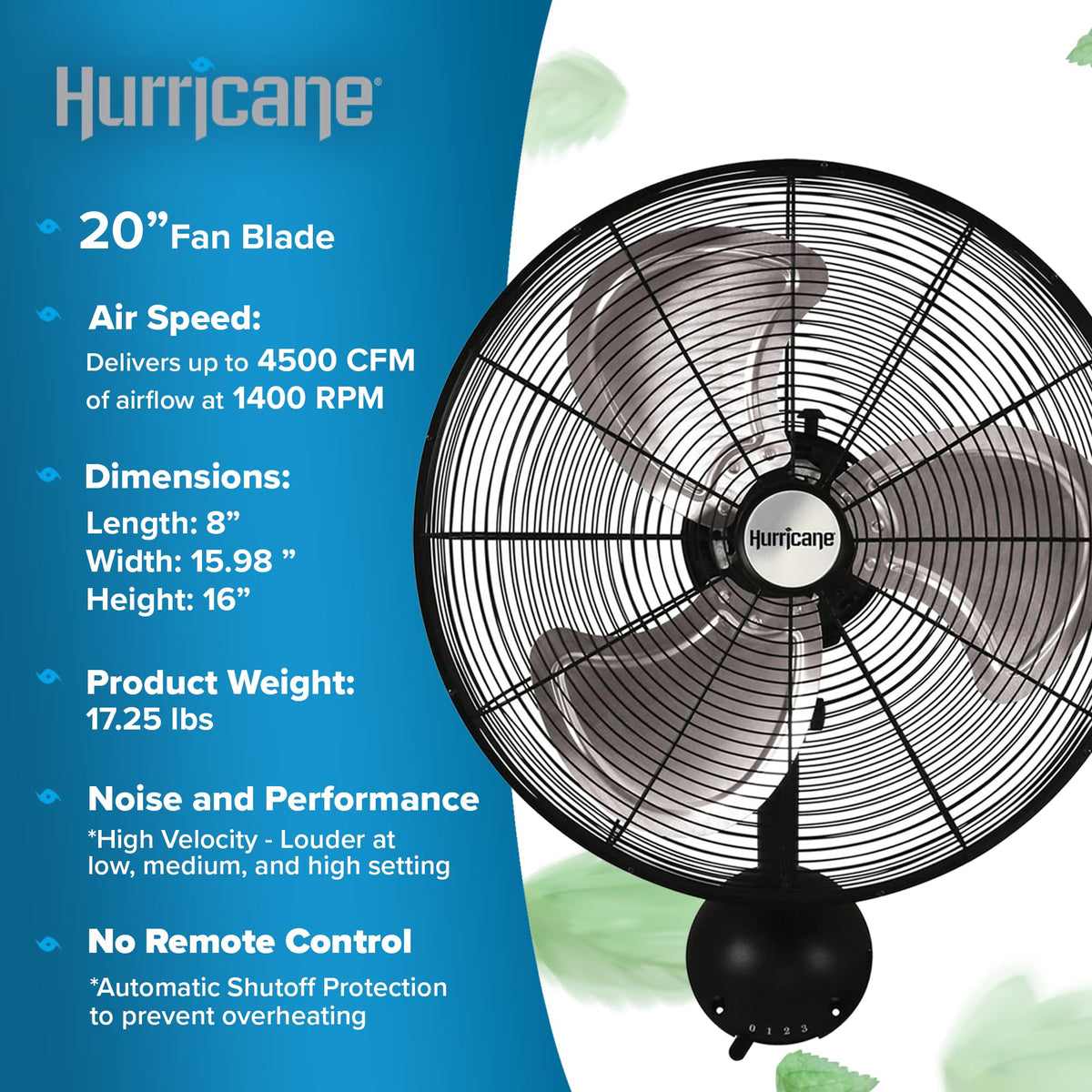 Black 20in 3 Speed Oscillating Wall Fan K911