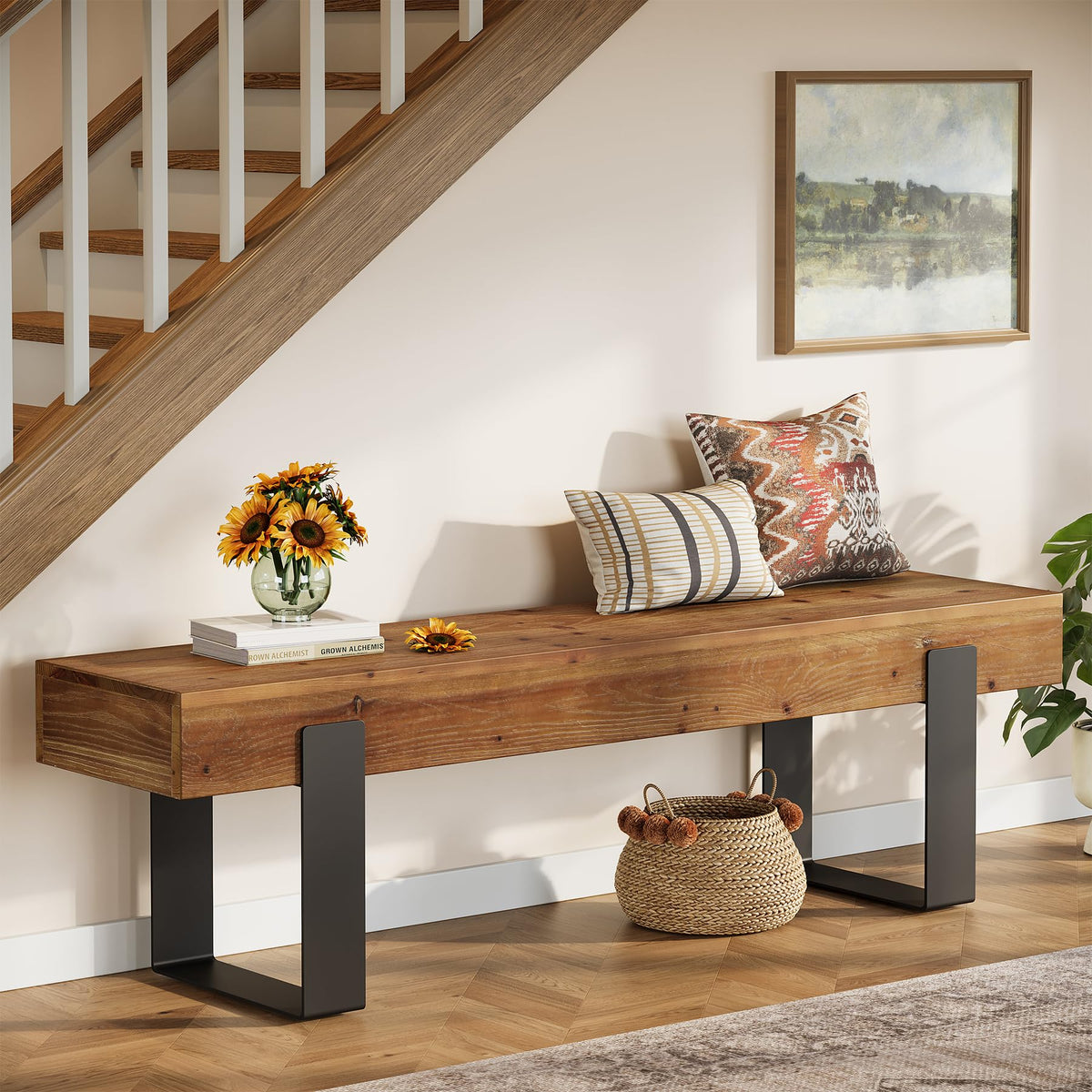 Solid Wooden Entryway Bench with Metal Legs H65300