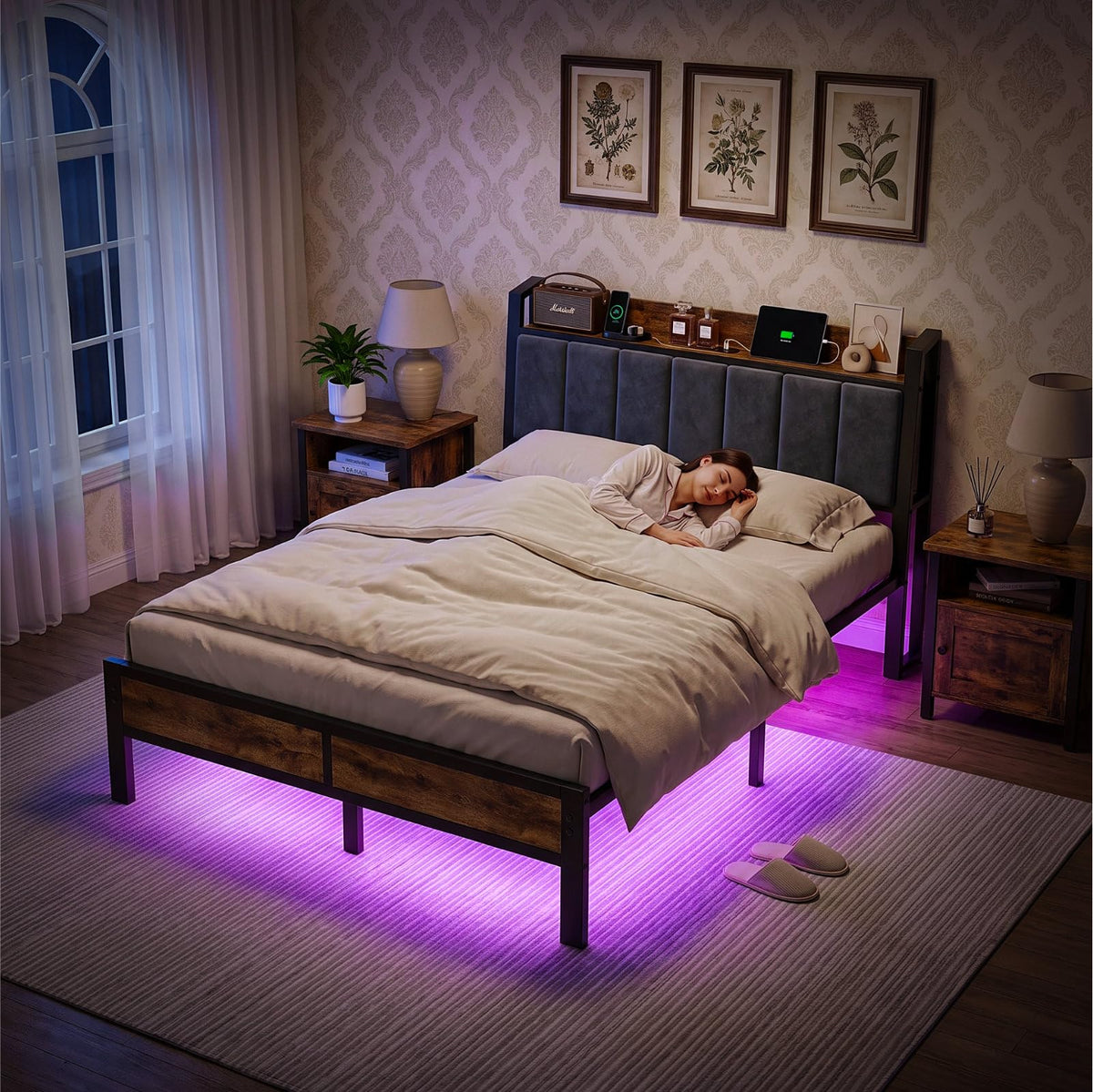 Full Size Bed Frame with LED Lights and Charging Station M68307