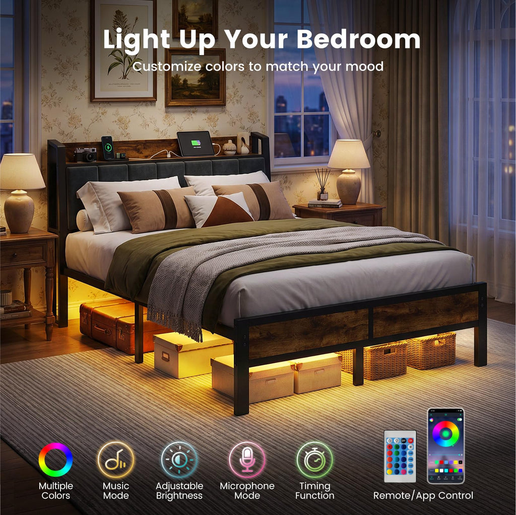 Full Size Bed Frame with LED Lights and Charging Station M68307