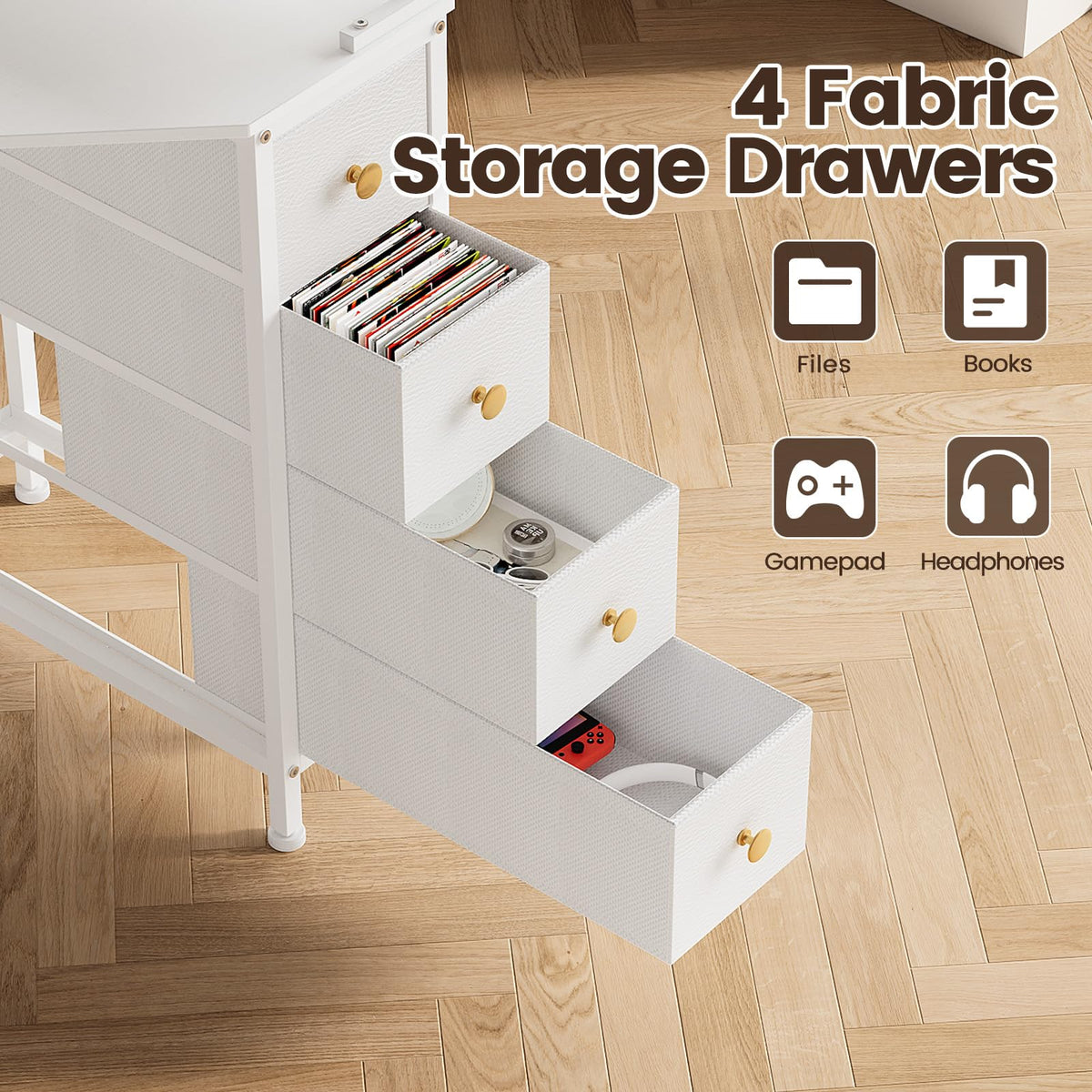 White Corner Desk with Drawers Shelves and Power Outlets R532167