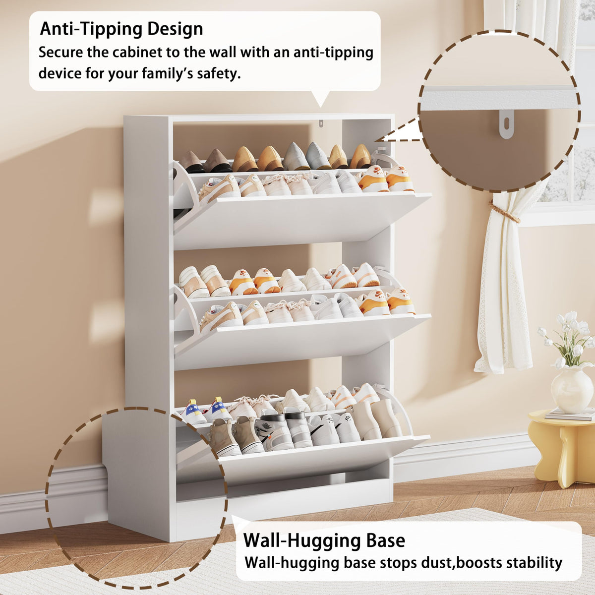 White 3 Flip Drawer Wood Shoe Storage Cabinet Q3007