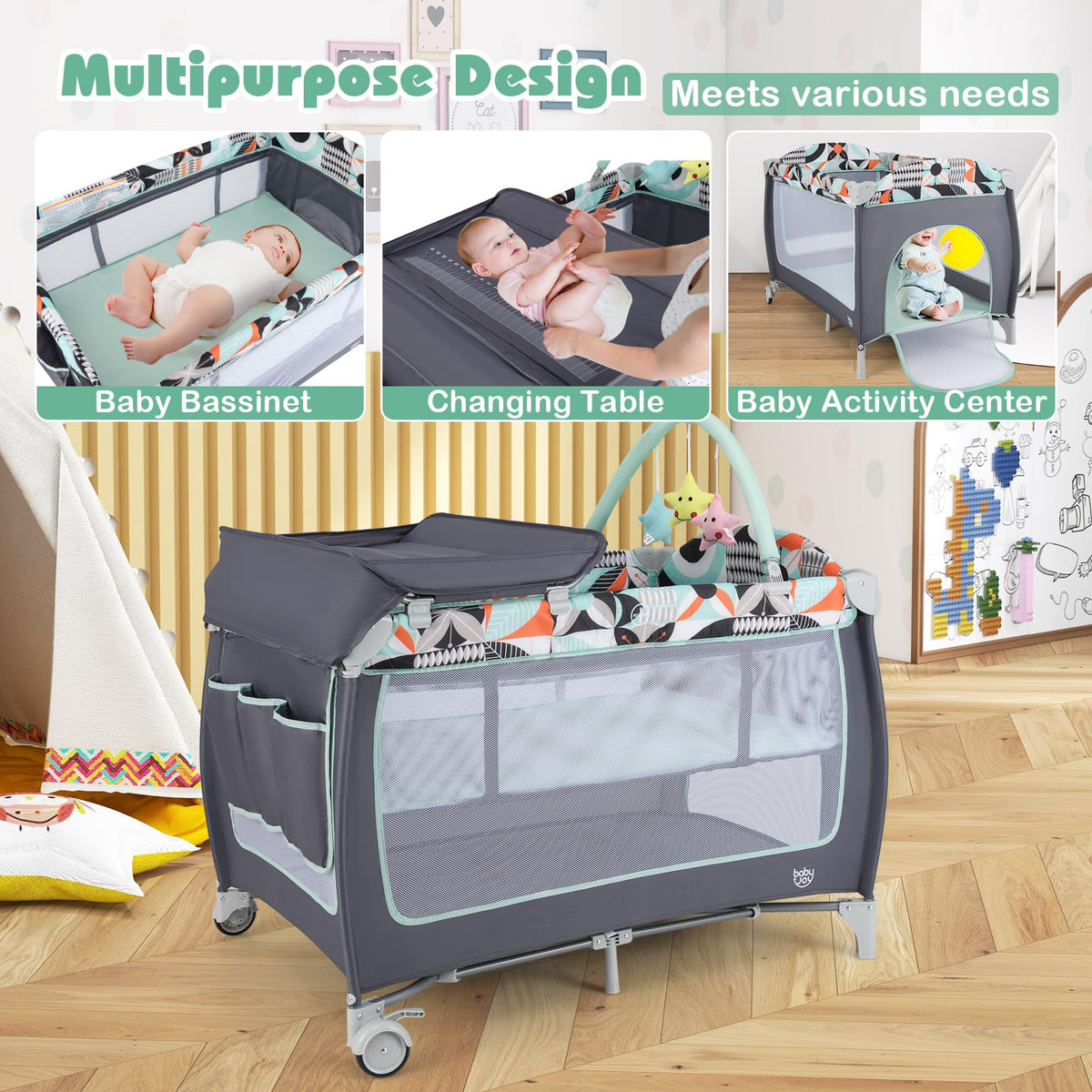 4 in 1 Pack and Play Portable Baby Playard with Bassinet E526