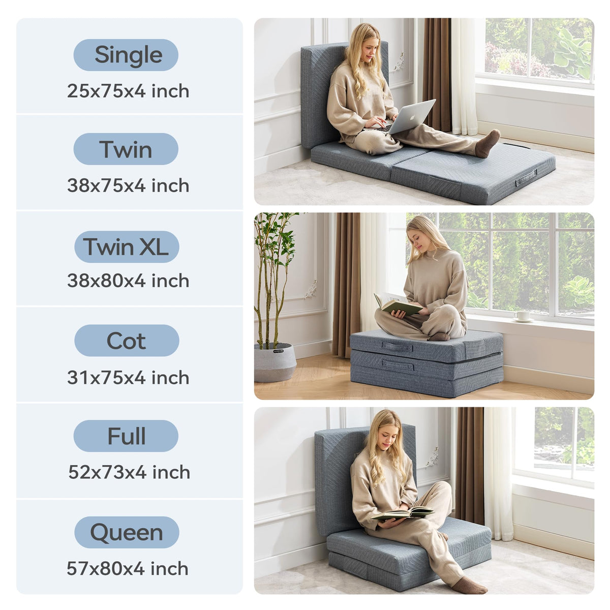 3.95" Memory Foam Topper Queen Size Foldable Floor Mat H2991