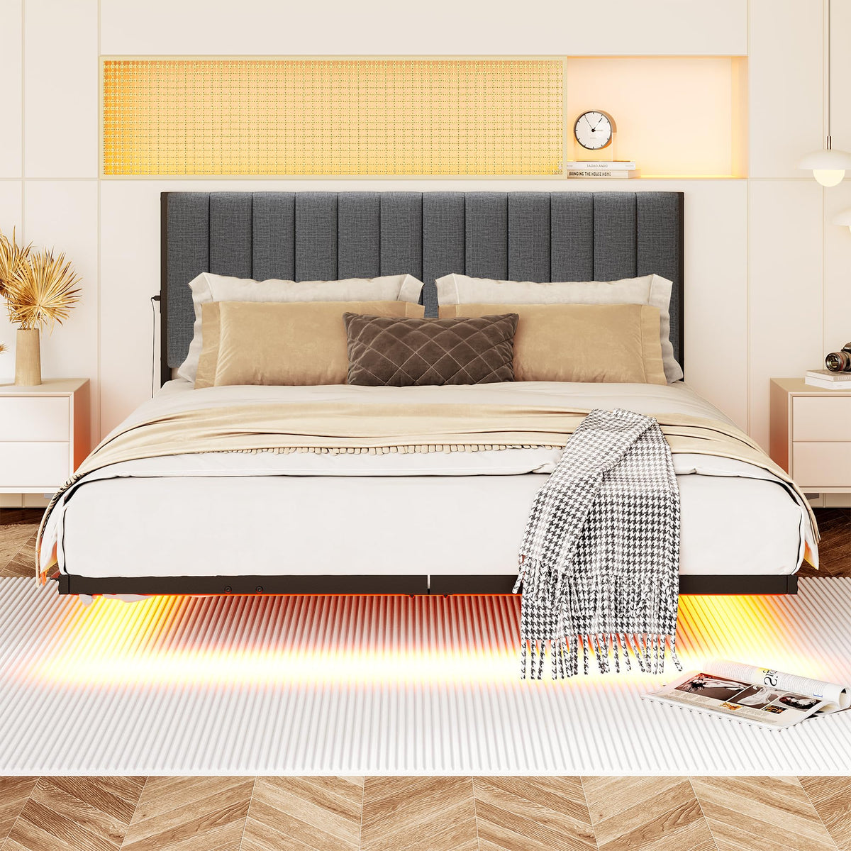 Full Size Metal Platform Bed Frame with LED Lights and Charging Port V669644