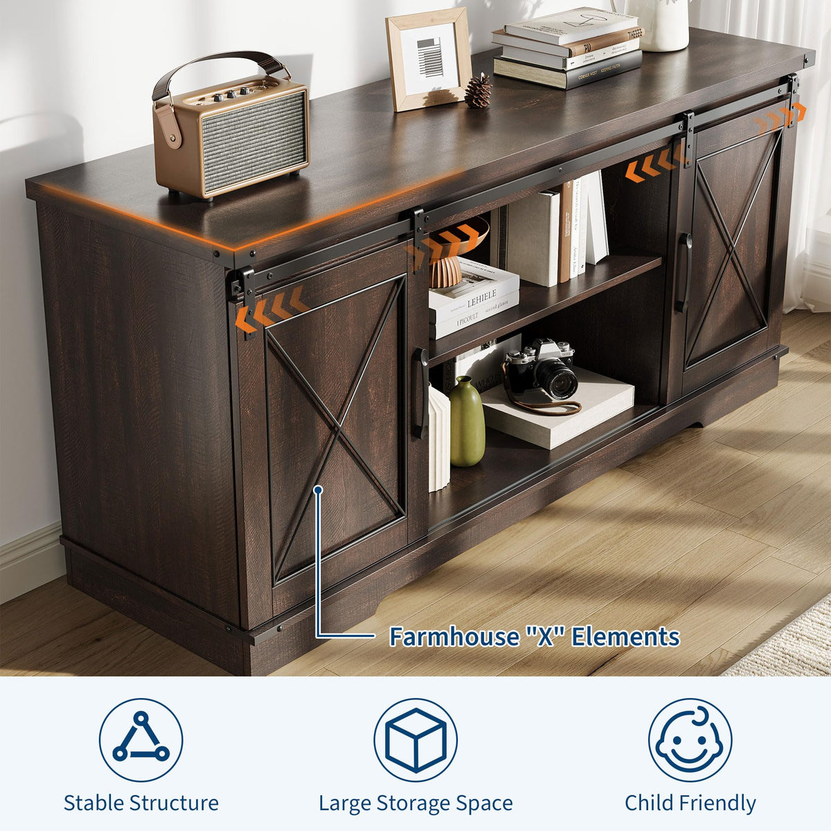 Farmhouse TV Stand with Sliding Barn Doors for 65 Inch TV T844
