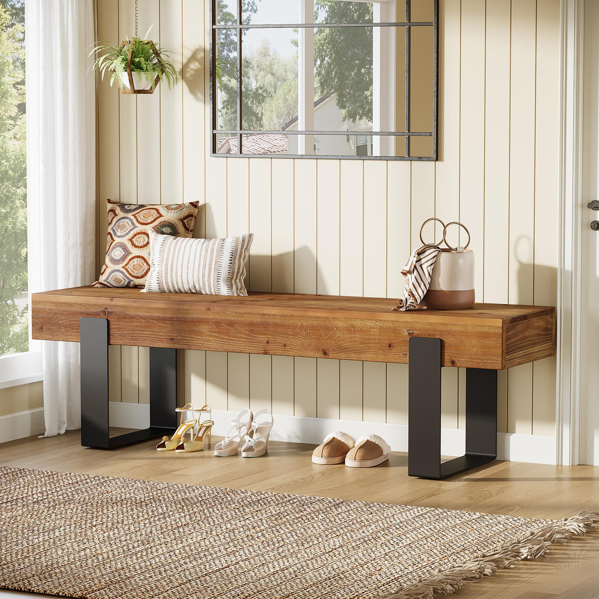 Solid Wooden Entryway Bench with Metal Legs H65300