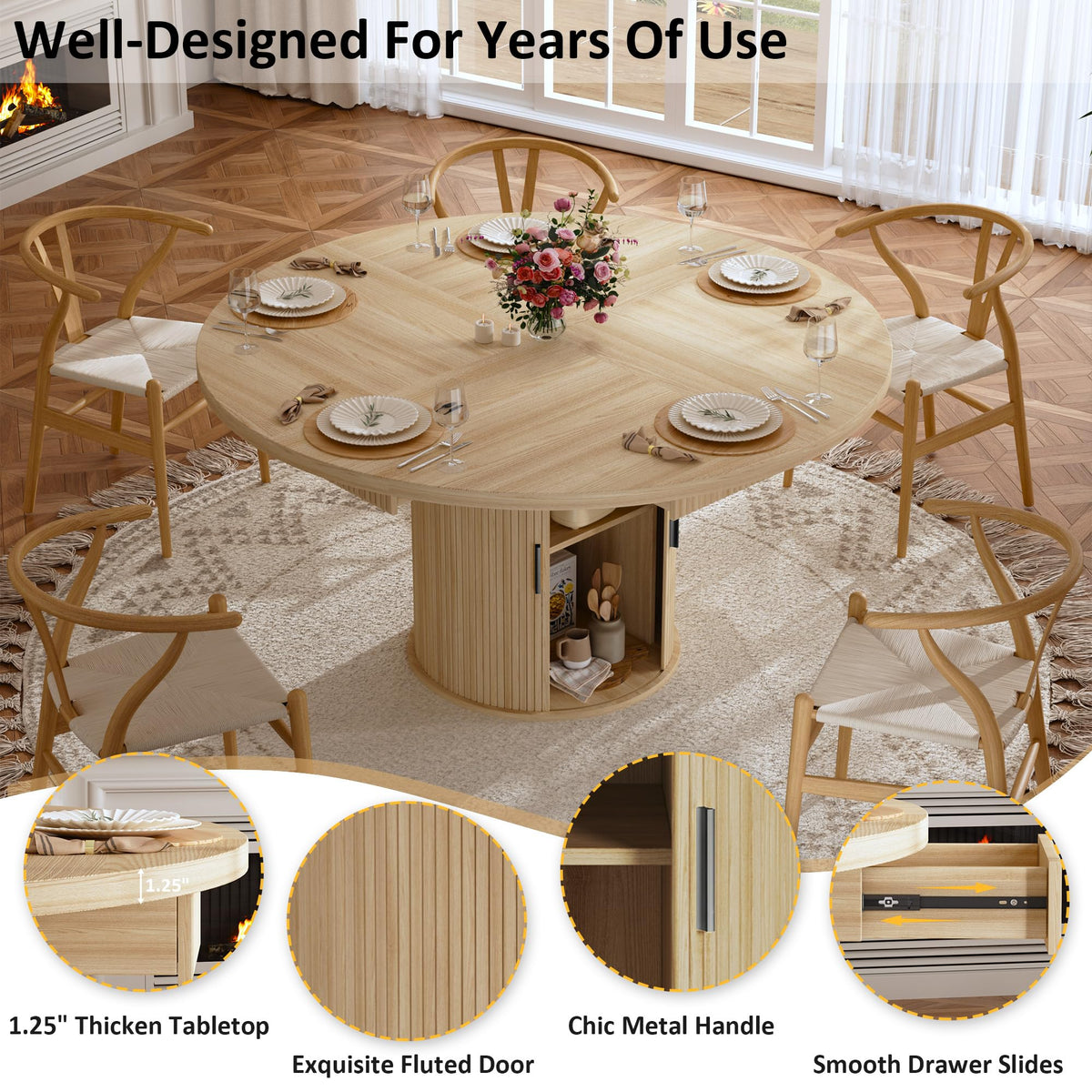 47.2" Round Wood Dining Table with 4 Drawers B42938