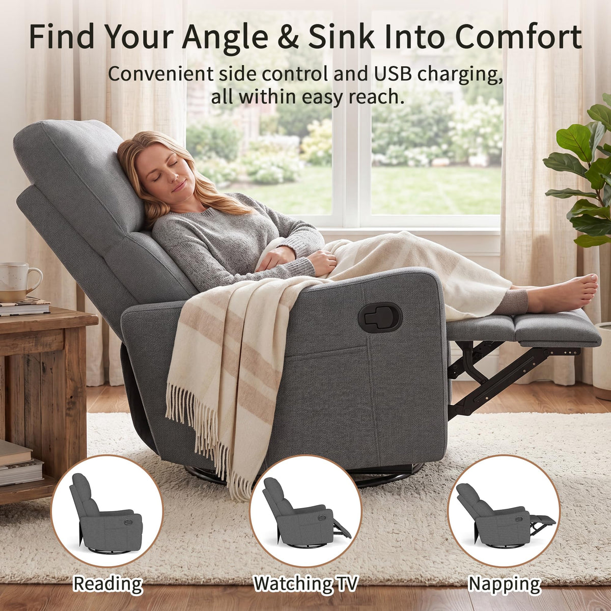 Dark Gray Swivel Rocker Recliner Chair E57336