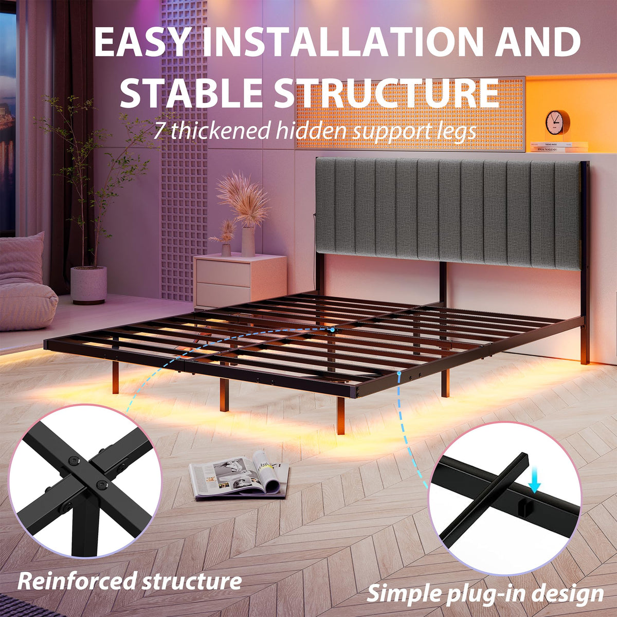 Full Size Metal Platform Bed Frame with LED Lights and Charging Port V669644