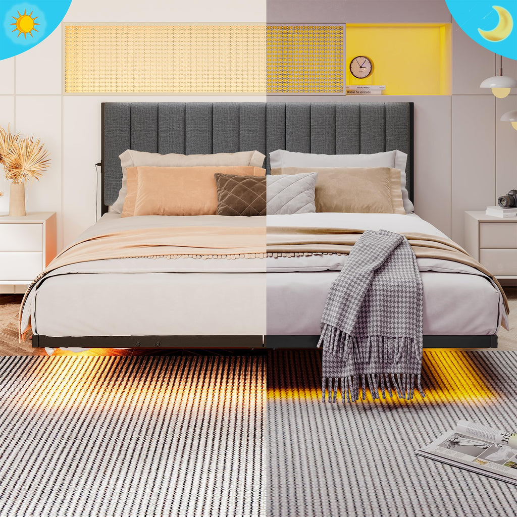 Full Size Metal Platform Bed Frame with LED Lights and Charging Port V669644